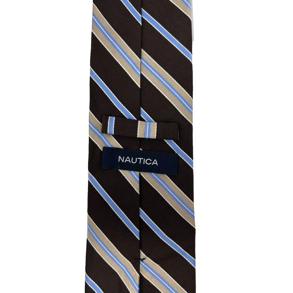 Nautica‎ 100% Silk Brown Tan Blue Striped Classic Necktie 57.25” x 3.5”